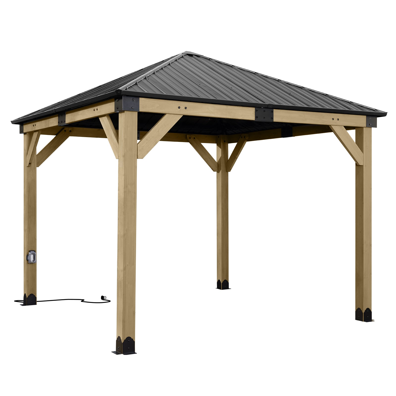 10'x10' Outdoor Patio Wooden Frame Gazebo with Galvanized Metal Hardtop Roof and Outlets - Aoodor